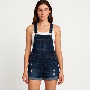 JORDACHE VINTAGE Denim Shortalls Distressed Cuffed Dark Wash Size M